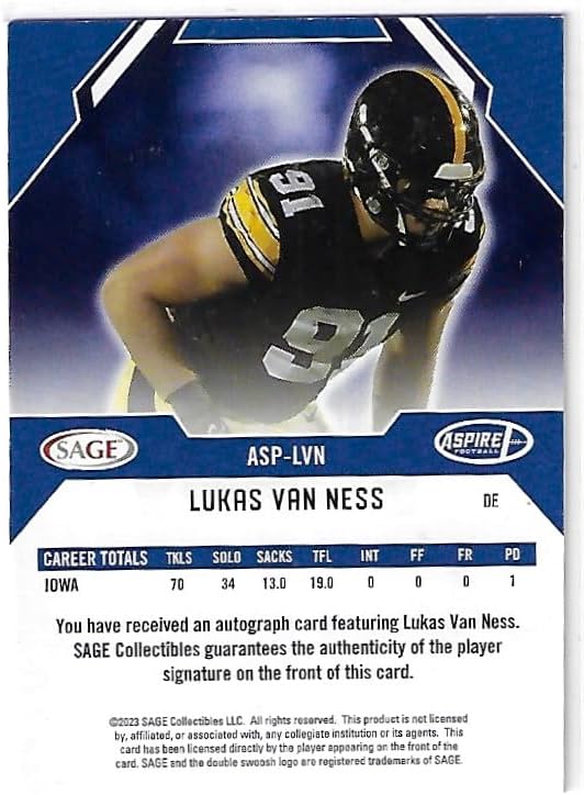 Lukas Van Ness Autographed & Serial Numbered #5/10 Collectible Football Card - 2023 Aspire Football Card #ASP-LVN (Packers)