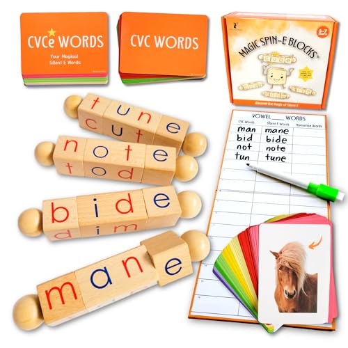 LITTLE BUD KIDS Magic Spin-E Blocks - A Silent E Phonics Toy & Montessori CVCe Reading Blocks for Kids Ages 4–7