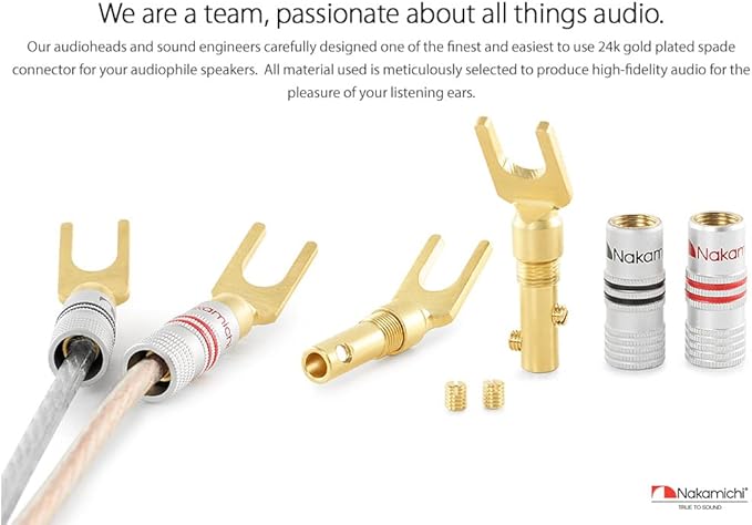 Nakamichi Excel Series 24k Gold Plated Banana Plug 12-18 AWG Gauge Size 4mm for Speakers Amplifier Hi-Fi AV Receiver Stereo Home Theatre Radio Audio Connector 8 Pcs 4-Pairs, Spade Plug