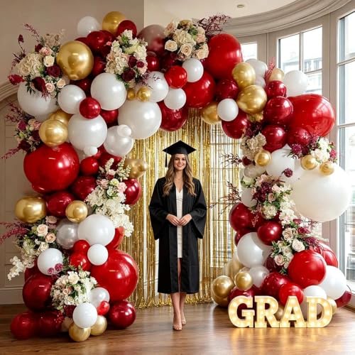 Image of Red White Gold Balloon Arch Double Stuffed Burgundy Red Gold Pearl White Balloon Garland Kit Wine Latex Balloons for Mother's Day Birthday Wedding Engagement Graudation Party Decorations