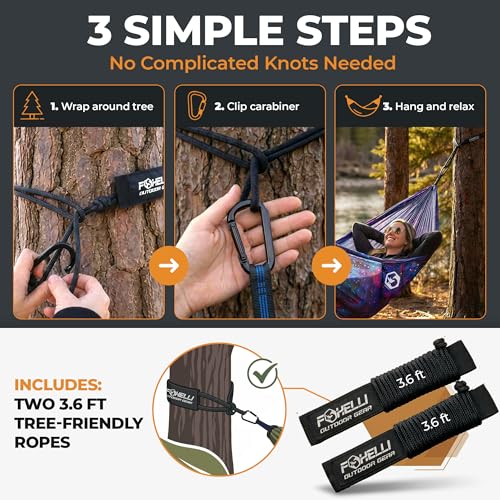 Foxelli Ultralight Camping Hammock – Ideal for Backpacking, Hiking, Festivals, and Travel - Quick Setup with Eco-Friendly Ropes & Sturdy Carabiners, Heavy-Duty Parachute Nylon - Image 4