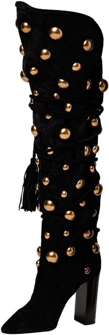 FSJ Women Fringe Studded Beaded Knee High Boots Western Closed Toe Block High Heel Corset Calf Boots Girls Party Dating Shoes Size 4-16 US