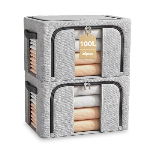 BOUDOI Foldable Storage Box,2 Pack Clothes Storage Boxes With Double Opening Zip And Clear Window, Sided Zip Top Lid, With Reinforced Handle for Storing Bedding, Blankets