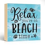 Pishovi Relax You're On Beach Time Wooden Box Sign, Coastal - Themed Desk Decor for Beach House Bathroom Living Room Bedroom, Housewarming Retirement Gifts for Coastal Lover Women Men Coworker Boss