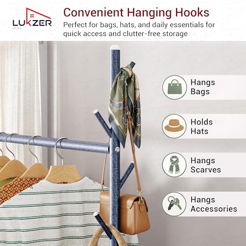 Image of Lukzer | MGR-002 | Deep Sea | Metal Cloth Stand & Garment Rack with Wheels, 2 Bottom Shelves & Single Rod - Space-Saving Clothes Organizer for Bedroom, Bathroom, Office & More | 173 x 90 x 34 cm