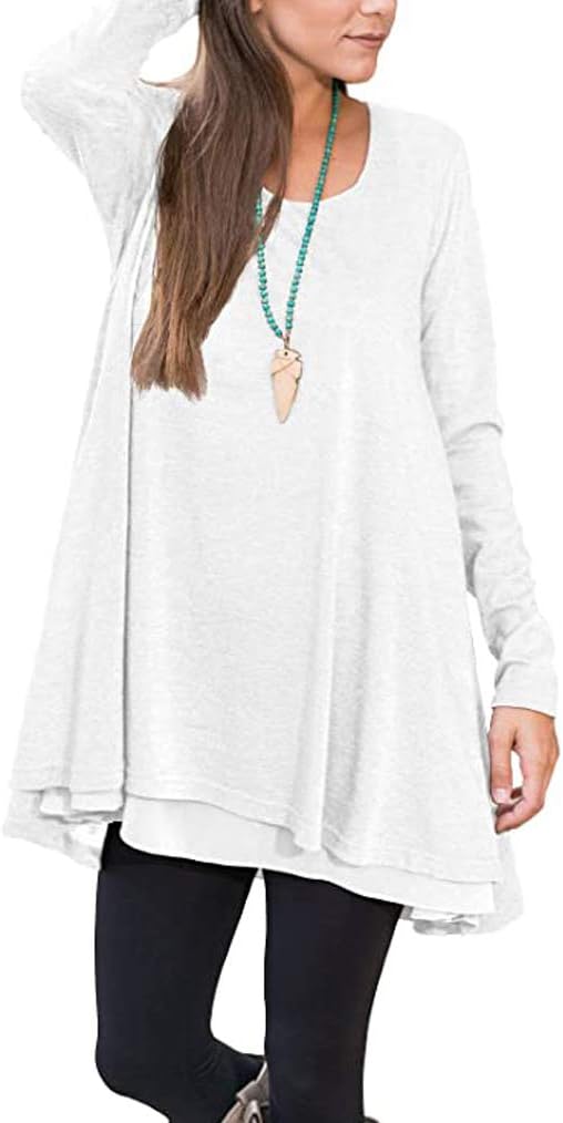 Poetsky Women's Long Sleeve Solid Color Tunic Tops Layered Chiffon Hem Casual Loose Blouse Shirts