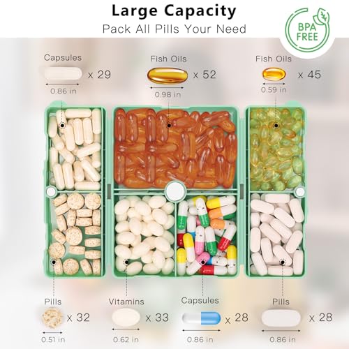Image of FYY Travel Pill Organizer,7 Compartments Large Pill Box Medicine Case-Green