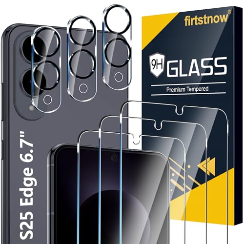 firtstnow 3 Pack Glass Screen Protector for Samsung Galaxy S25 Edge [6.7 inch] + 3 Pack Camera Lens Protector, 9H Tempered Glass, Fingerprint Unlock, HD Clear Case Friendly Anti-Scratch