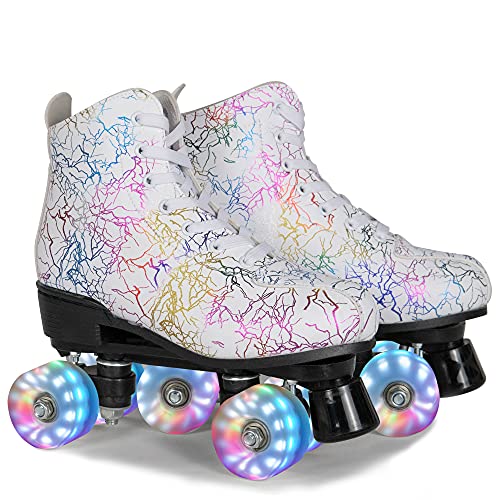Wuwer Roller Skates For Women Men Stylish Pu Leather High Top Classic Double-Row Roller Skates Indoor Outdoor Roller Skate Shoes Lightning Pattern For Beginners A Shoes Bag #TOP21