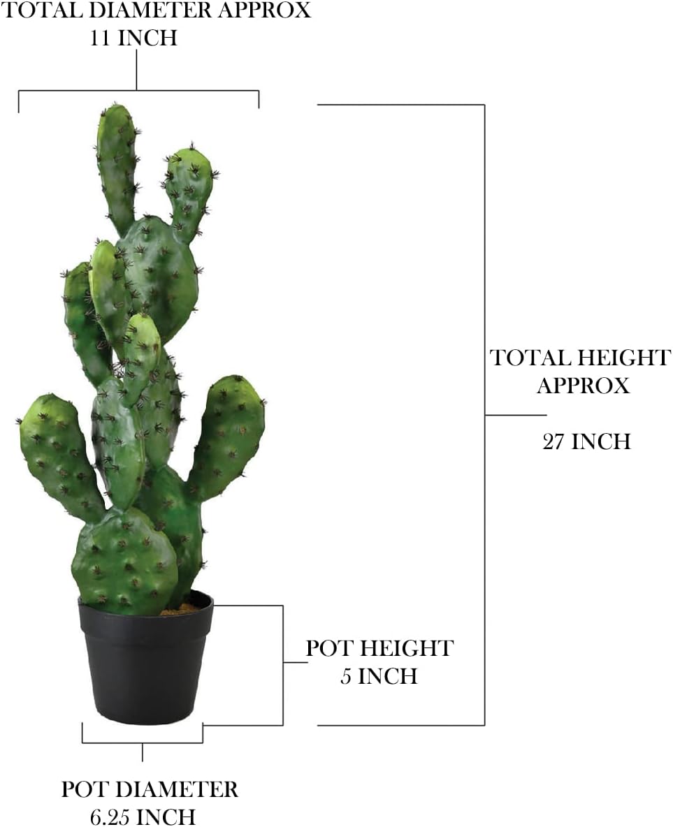 Serene Spaces Living Artificial Prickly Pear Cactus in Plastic Black Pot, Lifelike Potted Bunny Ear Cactus for Balcony, Living Room, Kitchen, Office, Patio, Entranceway, 11" Diameter & 27" Tall