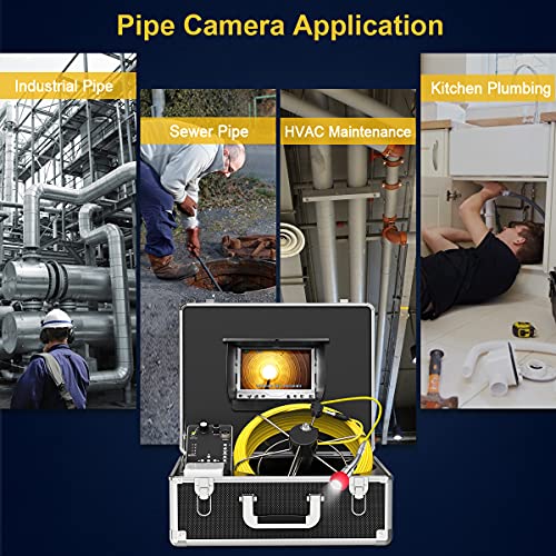 Sewer Camera, 512Hz Transmitter Sonde for Pipe Location Endoscope Camera 7”LCD DVR Screen Plumbing Borescope Inspection Camera 12 LED IP68 Waterproof Lights Drain Snake Cable (8GB SD Card) (30M)