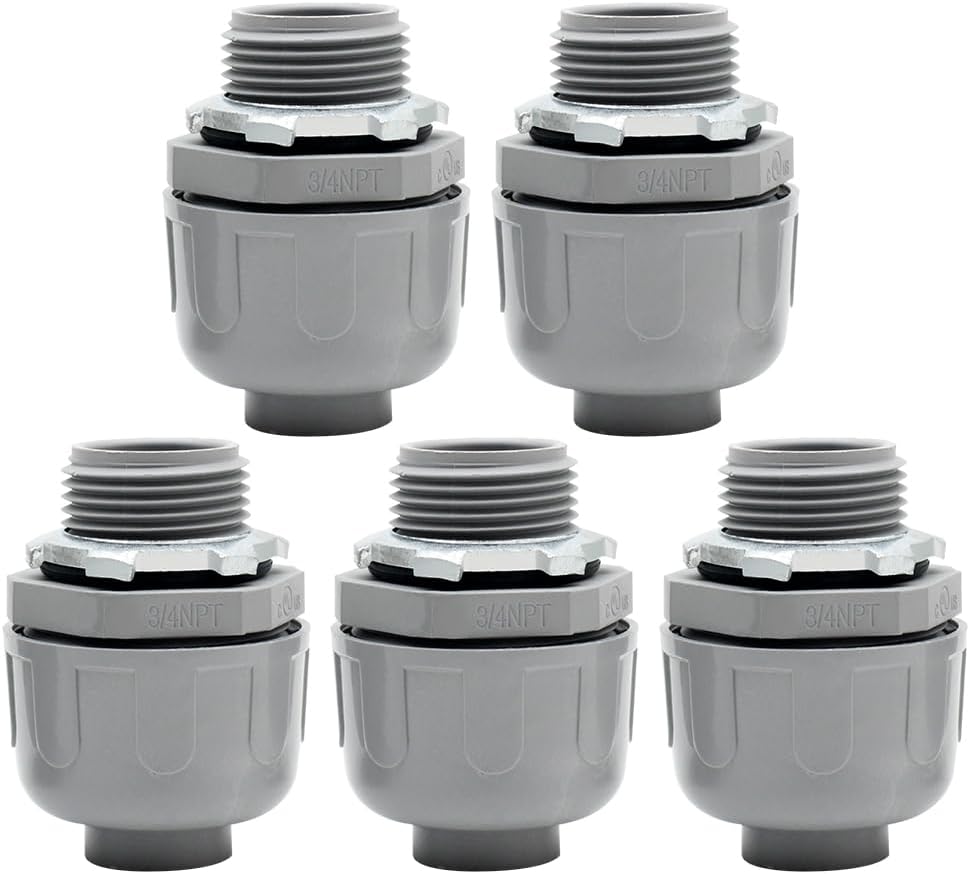 MAKERELE 5-Pack 3/4 Inch 180° PVC Liquid Tight Connectors - UL Listed, 90-Day Warranty, Electrical Conduit Connector for Direct Burial and Marine Equipment