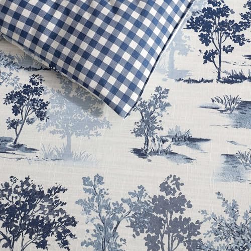 Image of Eddie Bauer - King Comforter Set, Super Soft Reversible Bedding with Matching Shams, Buffalo Check Reverse, Rustic Inspired Room Essentials (Vintage Forest Toile Blue, King)