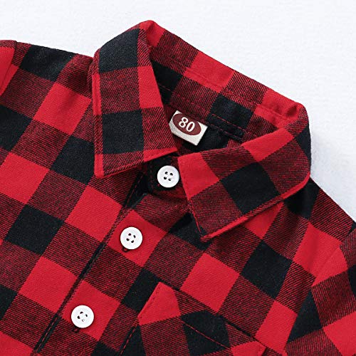 2Pcs Baby Boys Girls Toddler Kids Red Plaid Flannel Shirt Elastic Waist Ripped Holes Soft Jeans Outfit Set(12-18 Months, Red/Black) #TOP4