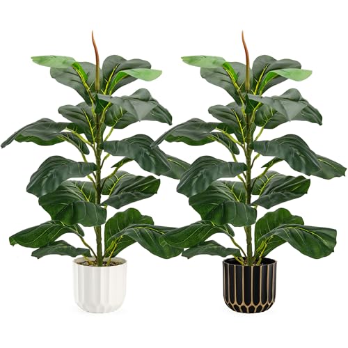 Der Rose 2 Pack 24'' Fake Plants Fiddle Leaf Fig Tree Artificial Ficus Lyrata Faux Plants with 18 Leaves for Living Room Balcony Bedroom Home Indoor Decor