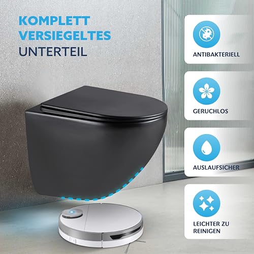 HOGART Wand WC mit Soft-Close Toilettensitz und Leistungsstarkem Spülrandlos Tornado Spülsystem, Hänge WC mit Komplett Abgedichteter Unterer Teil, Leises und Sparsames Spülsystem 3–4,5l.(Matt Schwarz)