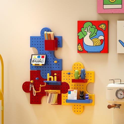 Wenbones wandpaneele kinderzimmer, Wandorganizer aus Kunststoff – Nagelfrei & Erweiterbar als Wanddeko und für Kindergarten, Bastelraum, Kinderzimmer, 36.2x24 cm – Rot/Gelb/Blau
