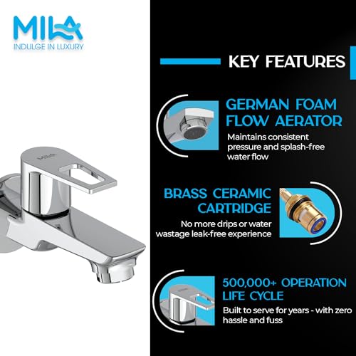 Image of Mila Floro Long Body Bib Tap with Wall Flange | Brass Body & Ceramic Disc | Chrome-Nickel Coating | Smooth Flow Aerator | inch BSP | Leak-Proof | Hard Water Resistant | Cold Water Use