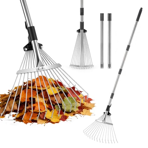 Adjustable Garden Leaf Rake 85-175cm, Metal Rake for Gardening with Expandable Head 20-40cm, Lightweight Garden Tools Rakes for lawn Yard Leaf Artificial Grass, Metal Head, 15 Tines