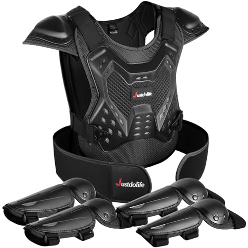 JUSTDOLIFE 5 Stück Motorrad Schutz Jacke, Kinder Motorrad rüstung mit Knieschoner Ellbogenschoner Brustpanzer Racing,für Outdoor Sport (Schwarz)