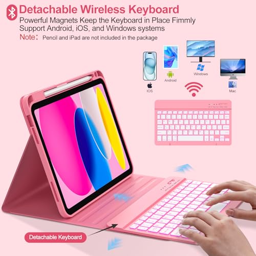Image of COO 7 Color Backlit Keyboard Case for iPad 11th A16 /10th Gen | 7-Color Backlit Detachable Bluetooth Keyboard, Pencil Holder, Auto Wake /Sleep, 3 Angles, PU TPU Cover, Watermelon Red