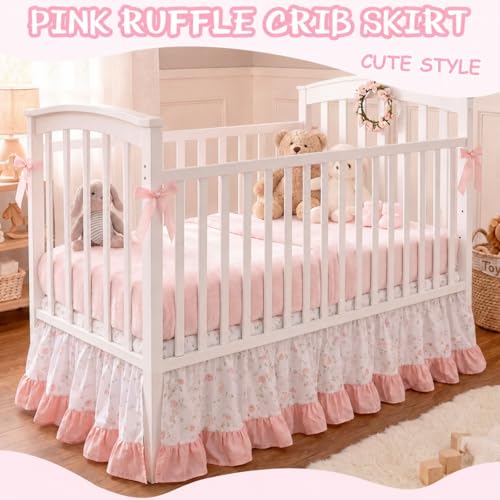 Image of Hahafelt Pink Crib Skirt for Baby Girls Boys, 100% Washed Cotton Bed Skirt