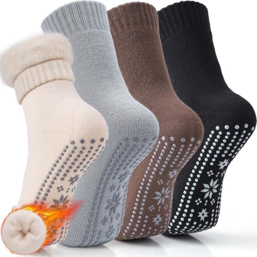 Image of ICEIVY Thermal Slipper Socks Warm Women Hospital Socks with Grips 4 Pairs