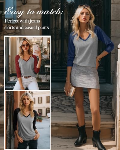 3 Pack Women’s V Neck 3/4 Sleeve Shirts, Raglan Color Block Tees Baseball Style Loose Casual Tops2