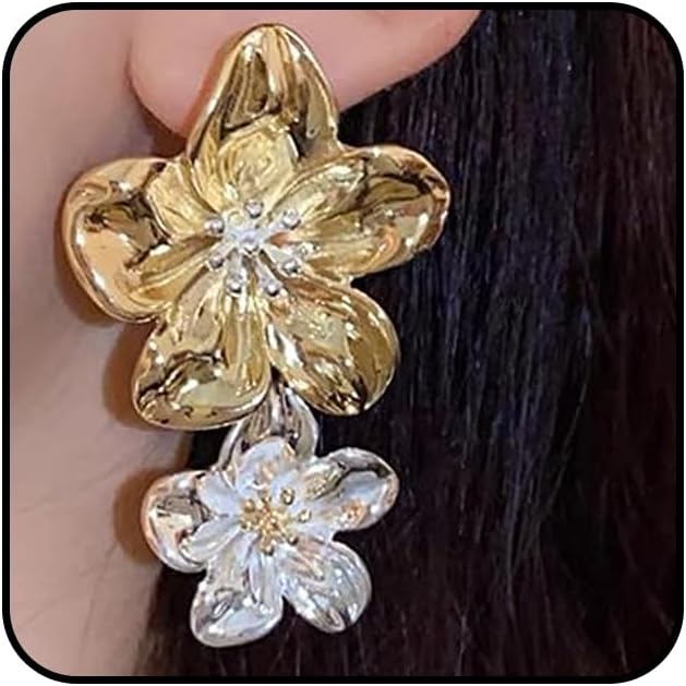 Gold Silver Flower Dangle Earrings for Women Large Two Tone Flower Drop Earrings Chunky Statement Floral Dangling Earring Jewelry Accessories