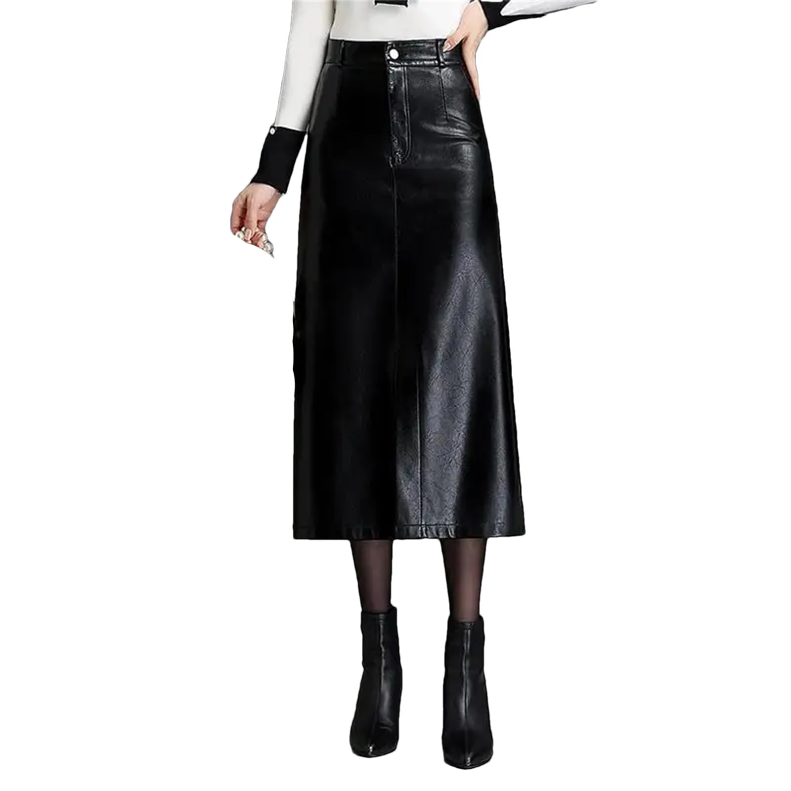 Falda de piel sintética para mujer, cintura alta, dividida, corte ajustado, casual, falda larga