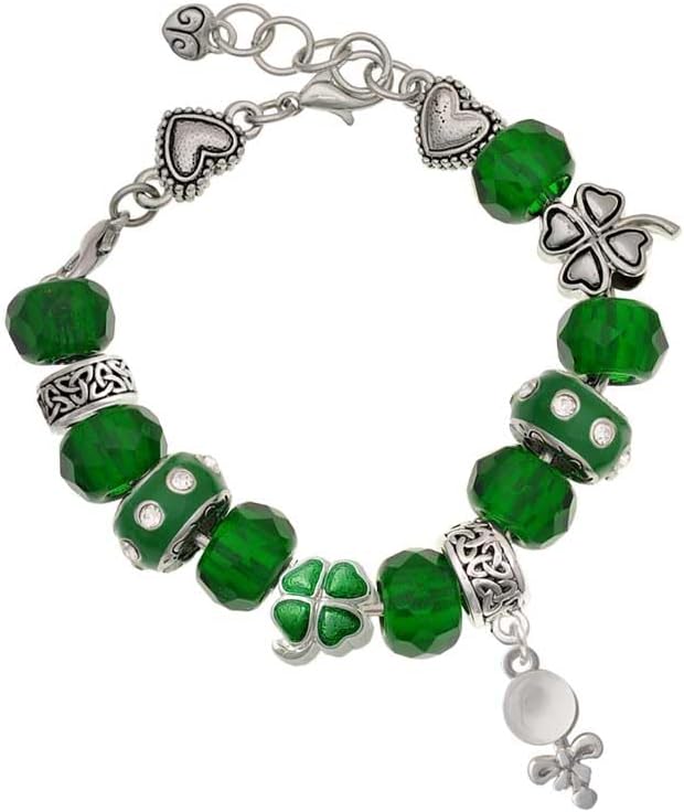 Delight Jewelry Silvertone Baby Rattle - Green Irish Luck Bead Charm Bracelet, 7.5"