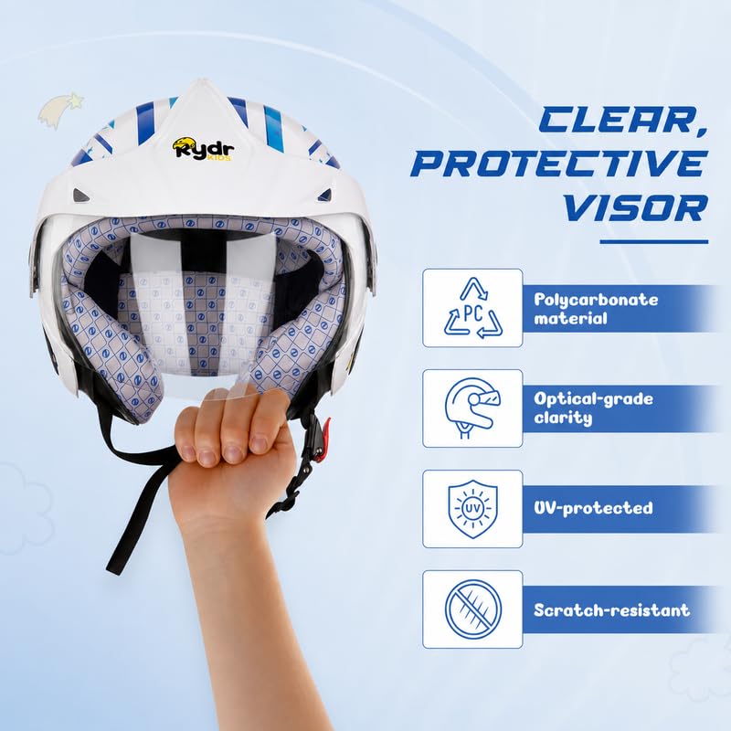 Image of Rydrkids Star S Peak - Leo Blue Kids Motorcycle Helmet with Visor & Peak - Size S 3 to 7 Years, Lightweight & Adjustable Safety Helmet for Boys