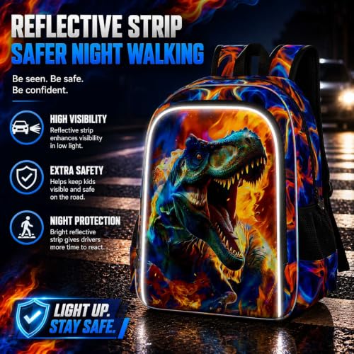 Image of 17 inch Dinosaur Backpack for Boy, 3Pcs Fire Bookbag for Elementary Preschool Kindergarten, Kids School Backpacks with Lunch Box (Red)
