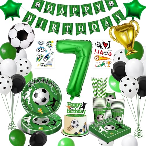 WINAROI Set Anniversaire 7 Ans Garçon - Kit Décorations Thème Football, Vert Football Ballons, Décorations avec Assiettes et Bannières