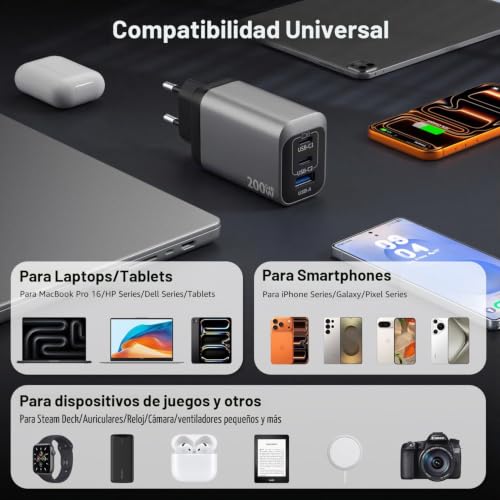 Cargador USB C 3 Puertos de 200W compatible con iPhone 17 y Galaxy S25 enchufe rápido 2