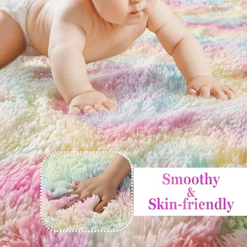 8x10 ft Fluffy Rainbow Area Rug for Bedroom Soft Fuzzy Living Room Rug Non-Slip Shag Rugs Carpet for Nursery Kids Play Room Dorm Office Indoor Modern Plush Carpets