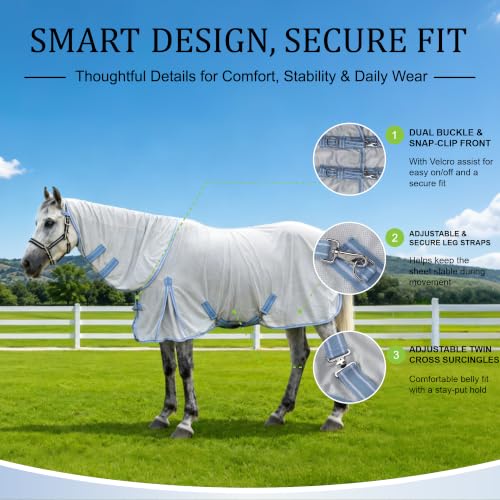 Image of Horse Fly Sheet with Detachable Neck, Maximum Airflow Breathable Open Weave Mesh for Hot Weather, Anti-Rub Comfort, 65% UV Protection, Cool Summer Sheet for Pasture & Barn Silvergrey 72