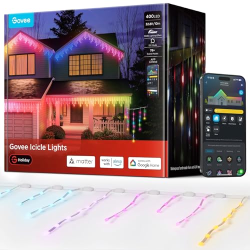 Govee Eiszapfen Lichterkette 10M, Intelligente RGBIC Lichtervorhang mit 400 LEDs Lichterkette außen, Wasserdicht nach IP67, 78+ Szenenmodi, Musik sync,...