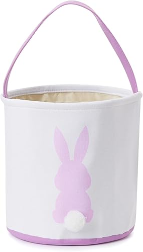 Miniatura 9 de Cesta de conejo de Pascua, cesta de caza de huevos para niños, cesta de lona con estampado de conejo con cola esponjosa, cesta de huevo de caramelo,