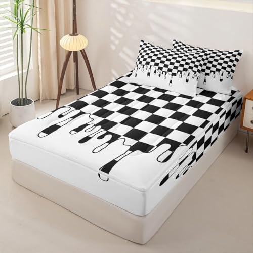 Image of Black White Checkered Cute Zip Up Bedding Full for Girls Boys,Checkerboard Drip Comforter Set with Elastic Fitted Sheet,Soft Indie Aesthetic Funky Geometric Kawaii Bedspread for Teens Bedroom Decor