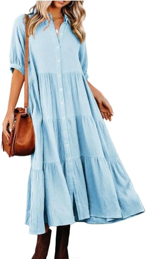 utcoco Womens Puff Sleeve Button Down Maxi Shirt Dresses Casual Loose Fit Tiered Swing A Line Cotton Long Shirt Dress