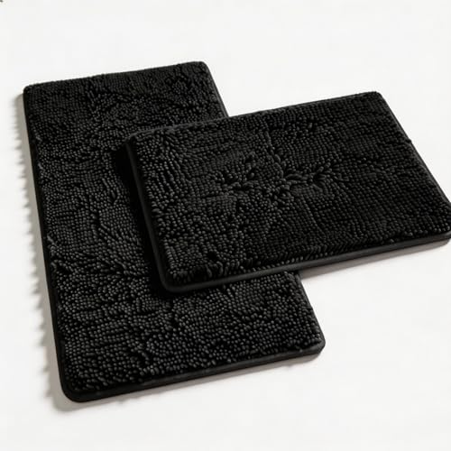 RUN HELIX Bathroom Rugs Set 2 Piece Thick Chenille Bath Mats Soft Quick Dry Plush Absorbent Bath Rugs with Non-Slip PVC Backing 32x20+24x16 Inch Black