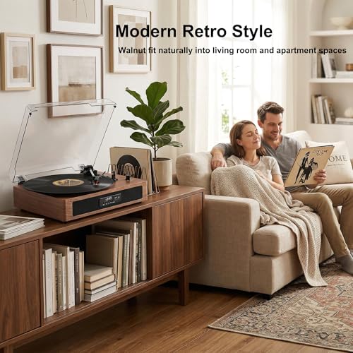 Image of Vintage Vinyl Record Player with Bluetooth & Built-in Speakers, 3-Speed Belt-Drive Turntable with USB Recording, RCA Out & AUX-in, Walnut