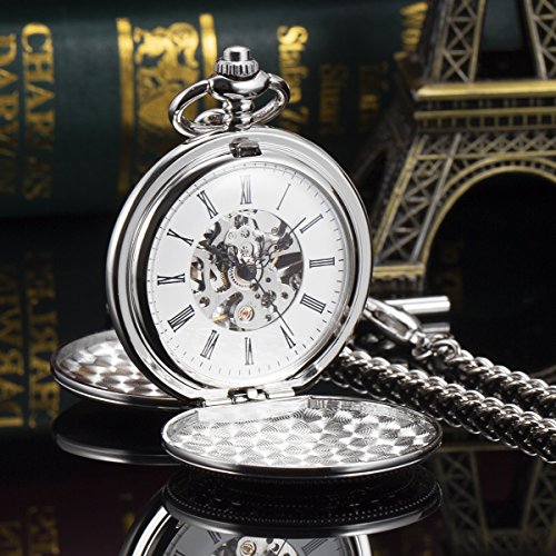 ManChDa Double Squelette Ouvert Montre De Poche Mécanique à Remontage Manuel Montre Complète Chasseur avec Chaîne T-Bar + Boîte-Cadeau