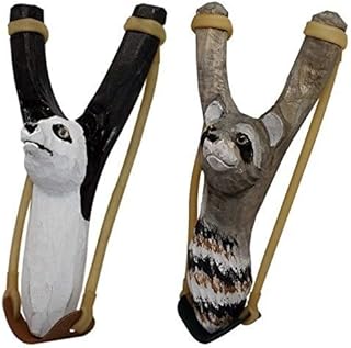 NatureLaunchers Hand-Carved Wooden Animal Slingshot Set | 2 Pack (Panda & Raccoon)