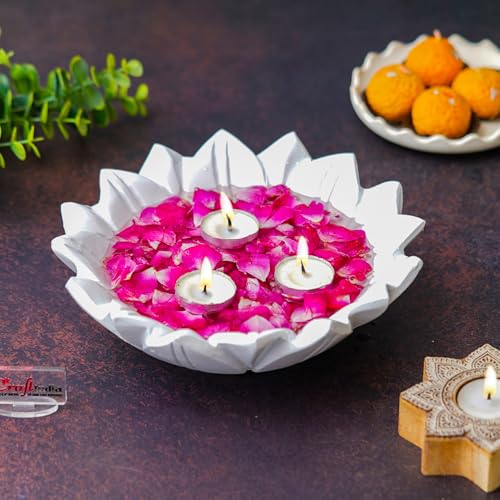 Image of eCraftIndia White Beautiful Decorative Lotus Urli Bowl for Home Decor | Urli Set for Decoration Floating Flowers Tea Light Candle Holder | Diwali Decoration Items Gifts for Family and Friends
