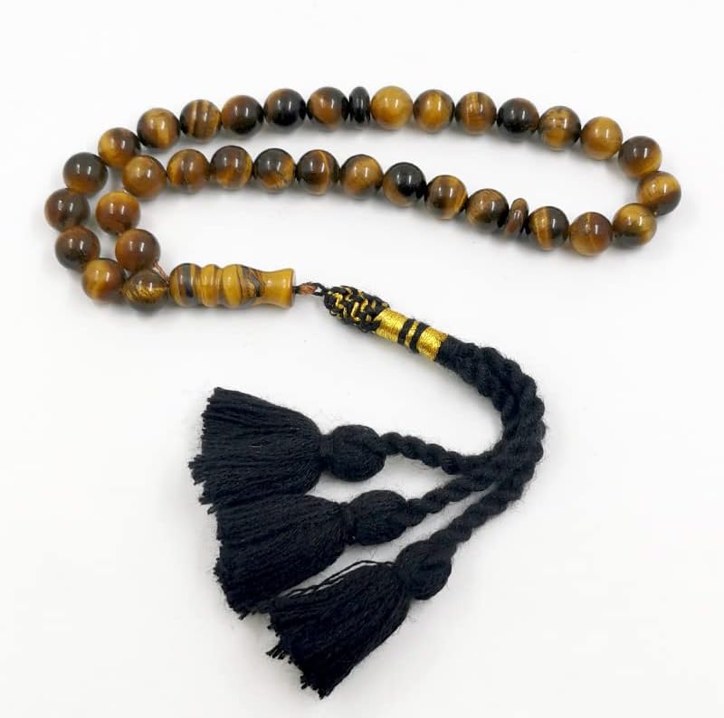 Tasbih Men Natural Tiger Eye Stone Black Handmade Turkish Tassel Muslim Prayer Beads Islamic misbaha Store Arabic Accessories (10mm x 66 Beads)