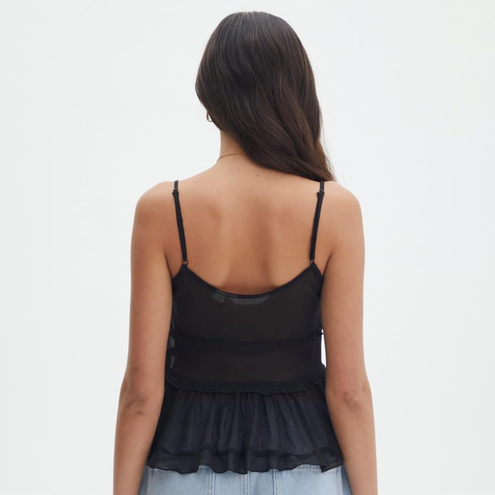 Generisch Top de verano con volantes y malla sin mangas para atar, Y2K camisola sexy de malla transparente con dobladillo con volantes