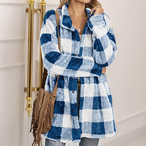 Women's Fleece Plaid Jacket Fuzzy Mid Long Snap Winter Coat Lapel Fluffy Long Sleeve Sherpa Warm Outwear With Pockets Blue #TOP1