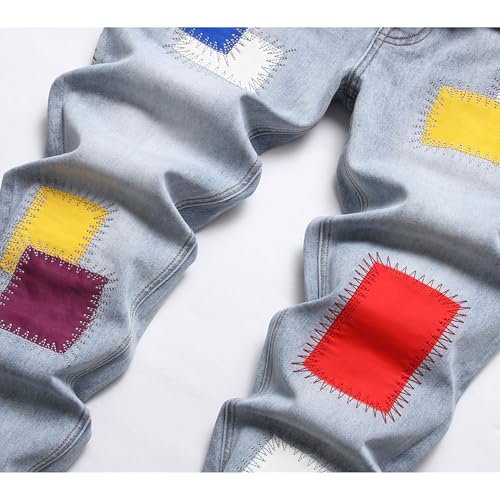 Men's Designer Patchwork Stretch Jeans Ripped Straight Slim Fit Jean Comfort Skinny Denim Pants3